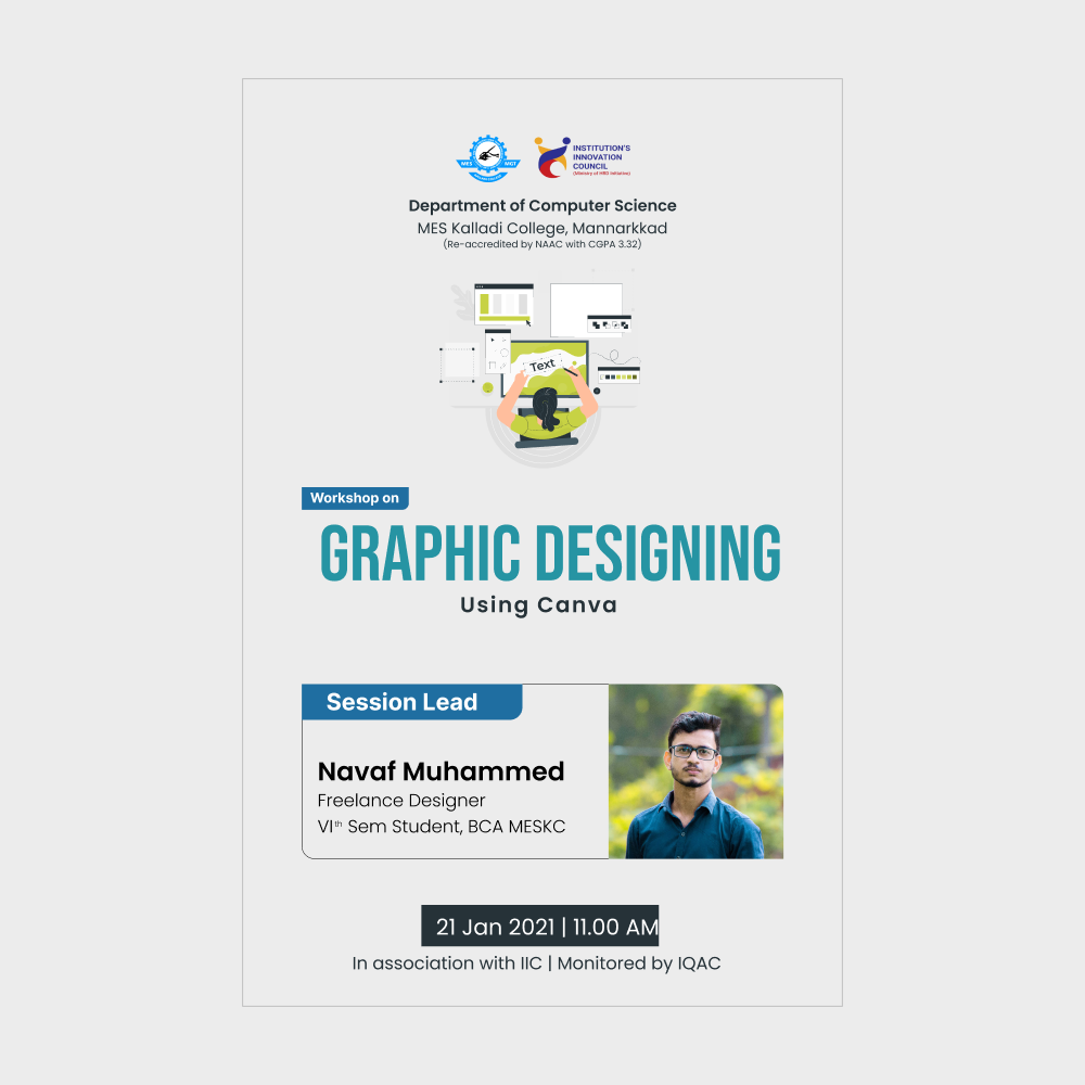 Poster of graphic design workshop conducted by Navaf Muhammed  at MES Kalladi College
